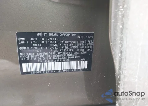 2024 Subaru Outback Onyx Edition из США, поврежденный, VIN 4S4BTALC8R3194988